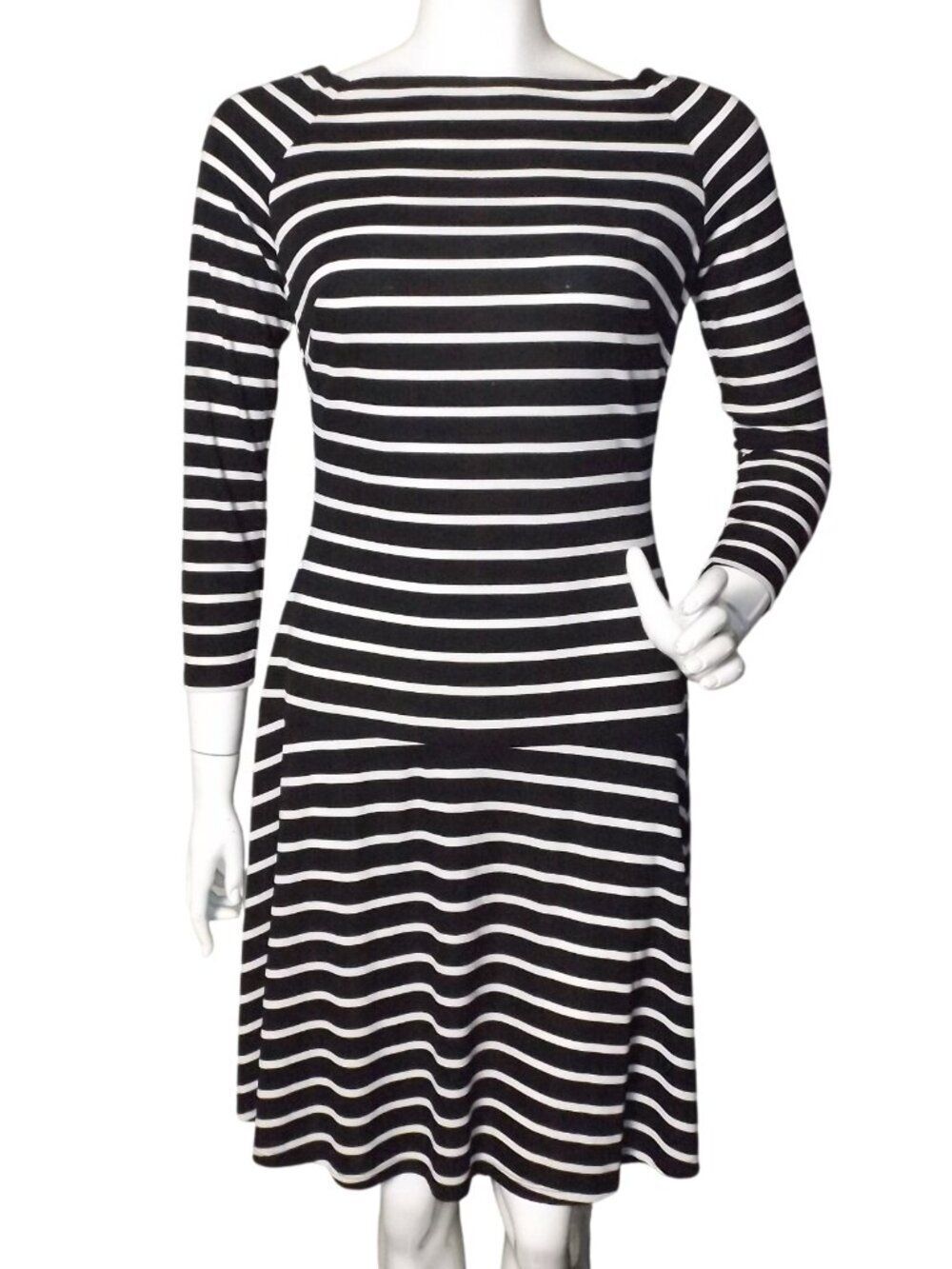 LAUREN RALPH LAUREN Dress, 4, Black/White stripe, 3/4 sleeve, A-line, poly blend